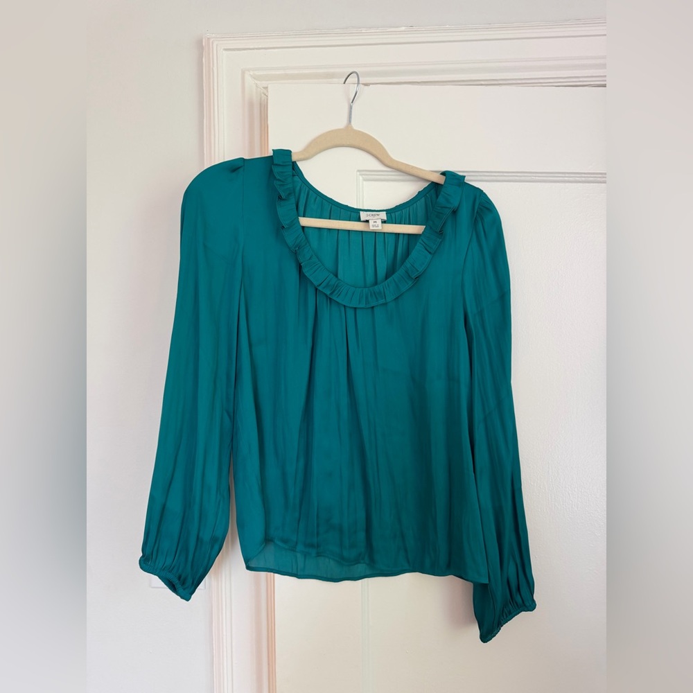 J Crew Women's Teal Ruffle-Neck Long Sleeve Blouse